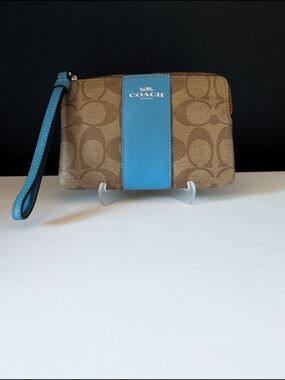 Coach Brown Signature Canvas Wallet with Blue Leather Trim